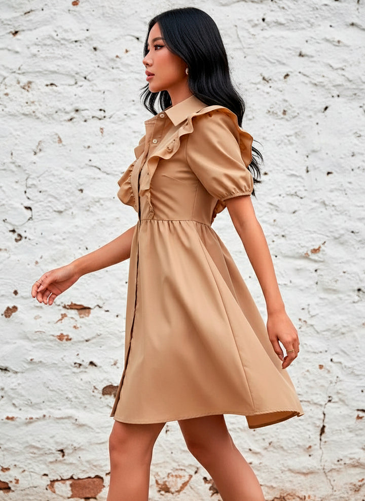 LIZAPONS Vestido Camisero de Cuello Sport y Manga Corta Farol con Volantes