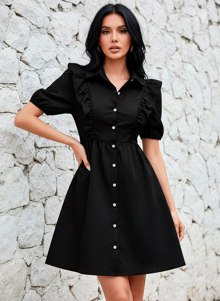 LIZAPONS Vestido Camisero de Cuello Sport y Manga Corta Farol con Volantes