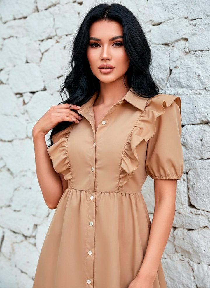 LIZAPONS Vestido Camisero de Cuello Sport y Manga Corta Farol con Volantes