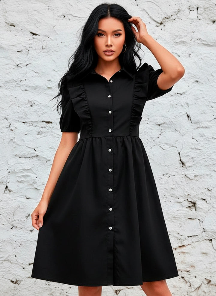 LIZAPONS Vestido Camisero de Cuello Sport y Manga Corta Farol con Volantes