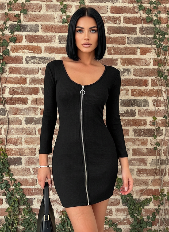 Vestido Midi Ajustado Sexy Con Zipper Al Frente de Manga Larga - LIZAPONS