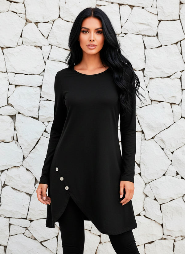 Vestido Corto Manga Larga con Botones Decorativos y Abertura - LIZAPONS