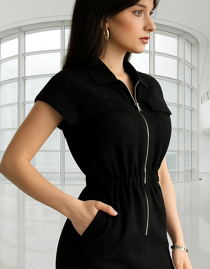 Vestido Corto de Doble bolsillo con Zipper y Resorte en Cintura - LIZAPONS
