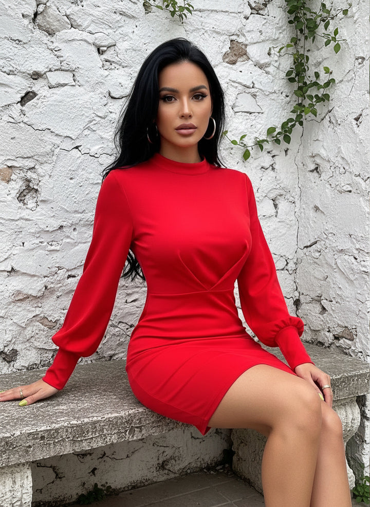 LIZAPONS Vestido Elegante Ajustado de Cuello Alto Con Abertura en Espalda y Manga Farol