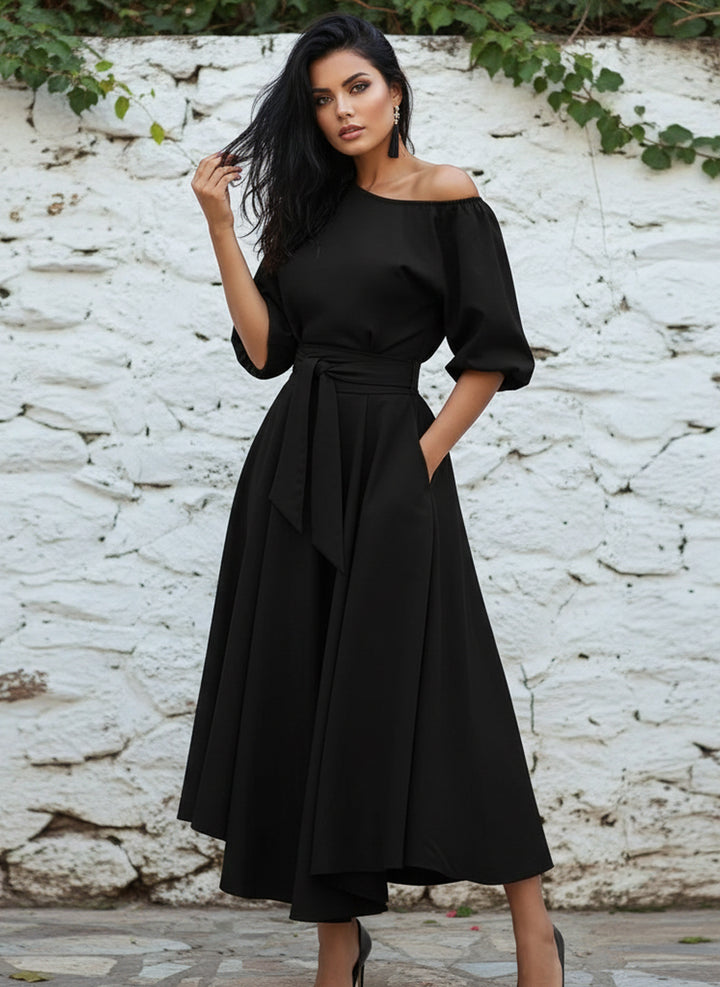 Vestido Casual Elegante de Manga Larga Farol, Cinturón y Bolsillos - LIZAPONS