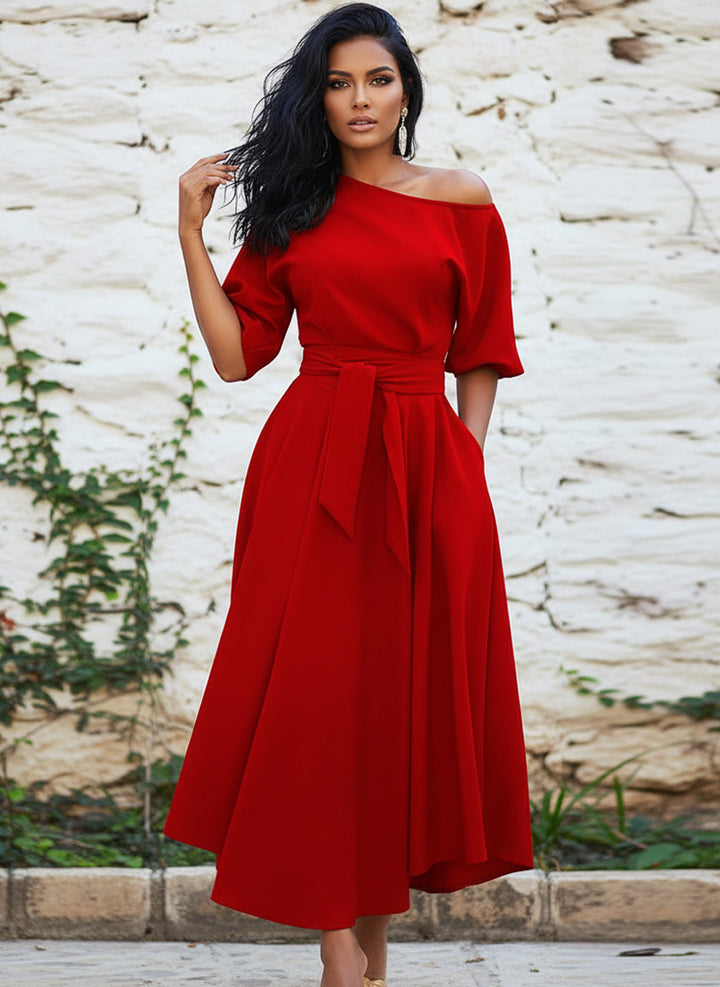 Vestido Casual Elegante de Manga Larga Farol, Cinturón y Bolsillos - LIZAPONS