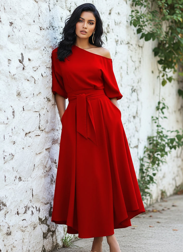 Vestido Casual Elegante de Manga Larga Farol, Cinturón y Bolsillos - LIZAPONS