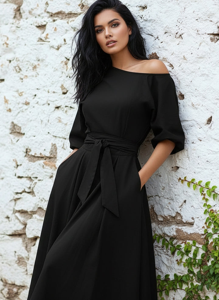 Vestido Casual Elegante de Manga Larga Farol, Cinturón y Bolsillos - LIZAPONS