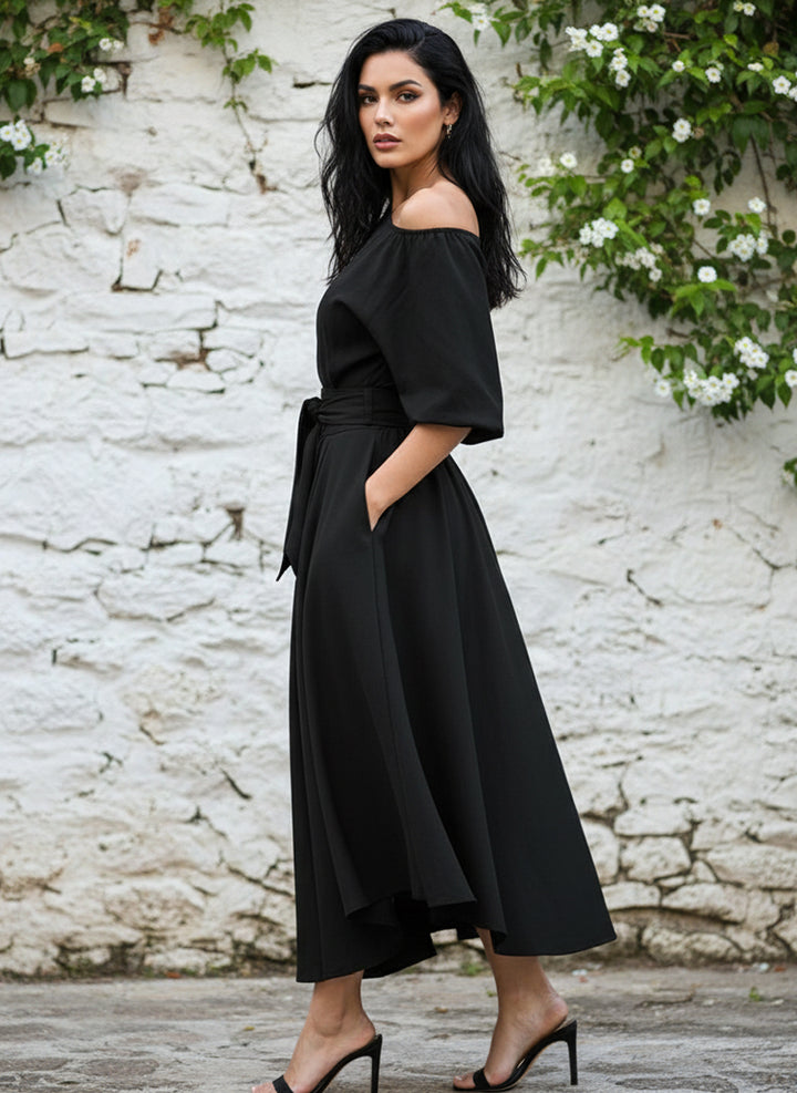 Vestido Casual Elegante de Manga Larga Farol, Cinturón y Bolsillos - LIZAPONS