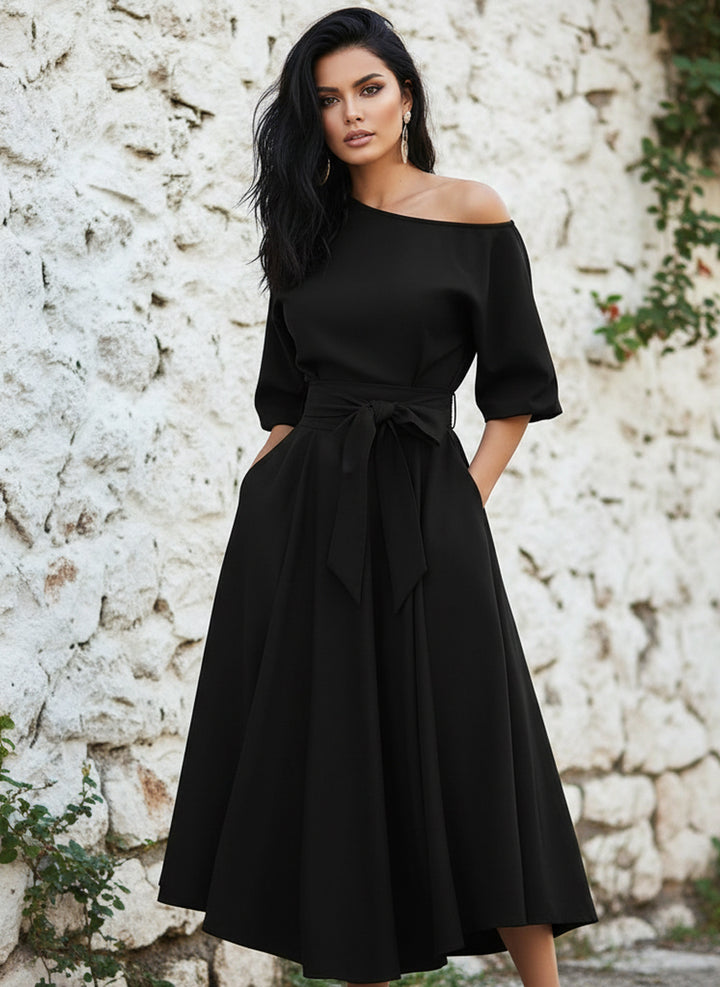 Vestido Casual Elegante de Manga Larga Farol, Cinturón y Bolsillos - LIZAPONS