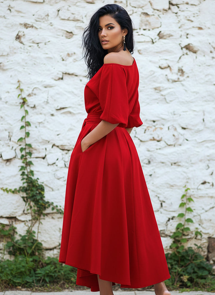 Vestido Casual Elegante de Manga Larga Farol, Cinturón y Bolsillos - LIZAPONS