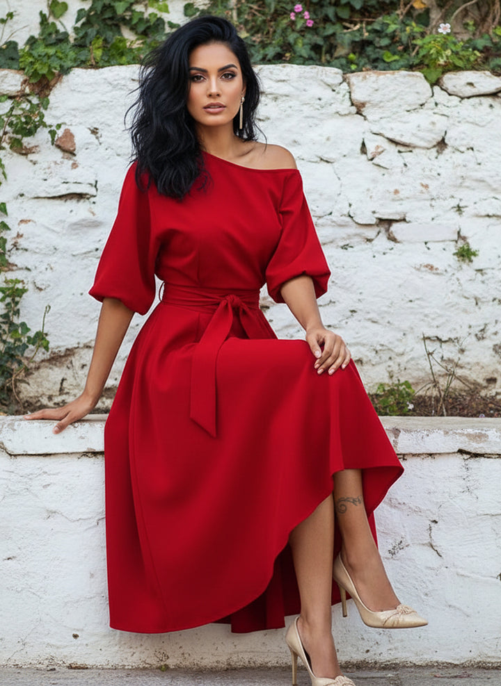 Vestido Casual Elegante de Manga Larga Farol, Cinturón y Bolsillos - LIZAPONS