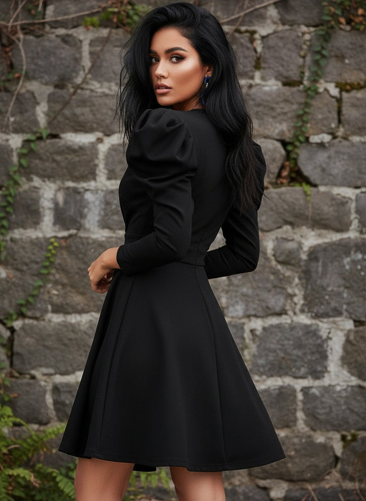 Vestido Casual Corto de Manga Larga Gigot y Cuello V - LIZAPONS