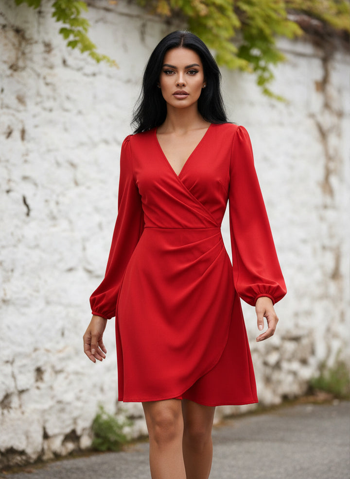 Vestido Casual Fruncido de Manga Larga Obispo y Cuello V Cruzado al Frente - LIZAPONS