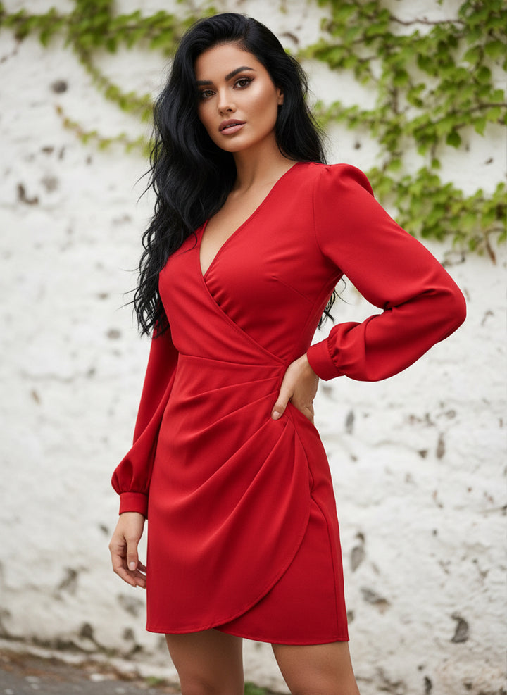 Vestido Casual Fruncido de Manga Larga Obispo y Cuello V Cruzado al Frente - LIZAPONS