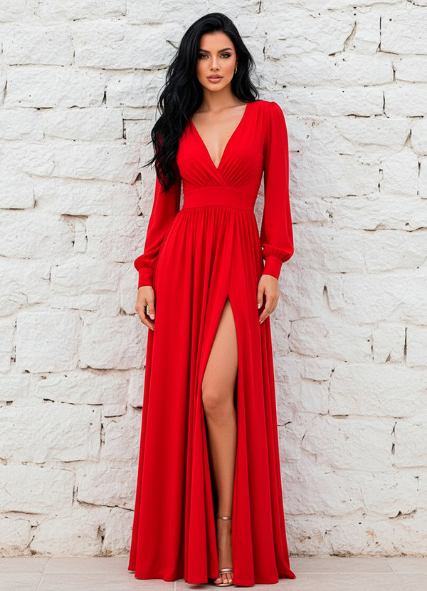 LIZAPONS Vestido Fiesta Corte Imperio de Manga Larga y Cuello V Cruzado Con Abertura en Pierna