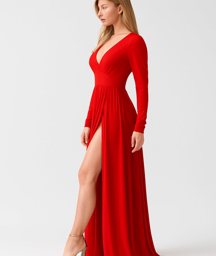 Vestido Fiesta Corte Imperio de Manga Larga y Cuello V Cruzado Con Abertura en Pierna - LIZAPONS