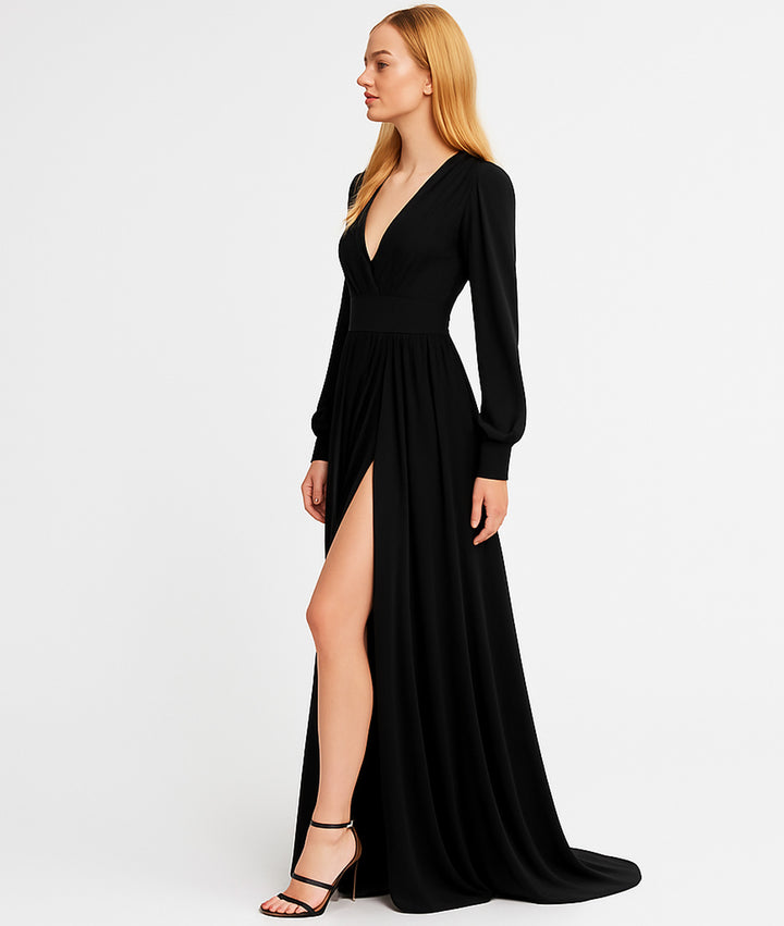 Vestido Fiesta Corte Imperio de Manga Larga y Cuello V Cruzado Con Abertura en Pierna - LIZAPONS