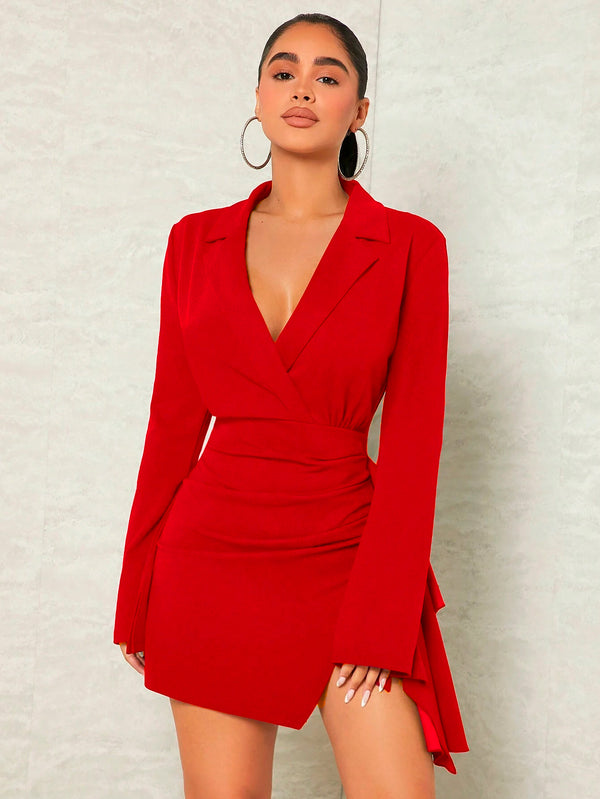 Vestido Casual Manga Larga Cruzado en el Bajo De cuello V con Solapa - LIZAPONS