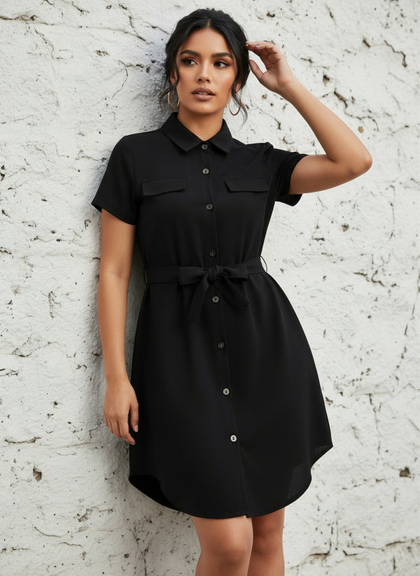 Vestido Camisero Corto Elegante con Cinturón y Botones - LIZAPONS