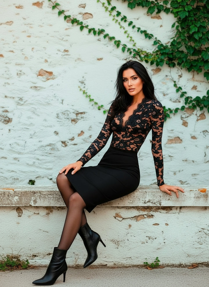 Vestido Cóctel Negro de Encaje Floral y Falda Lápiz - LIZAPONS