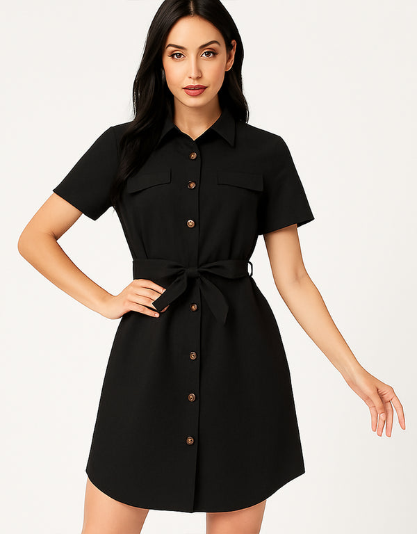 Vestido Camisero Negro Elegante con Cinturón y Botones - LIZAPONS