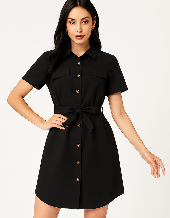 Vestido Camisero Negro Elegante con Cinturón y Botones - LIZAPONS