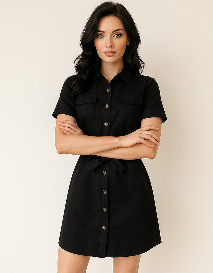 Vestido Camisero Negro Elegante con Cinturón y Botones - LIZAPONS
