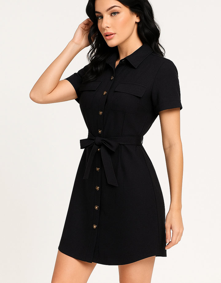 Vestido Camisero Negro Elegante con Cinturón y Botones - LIZAPONS