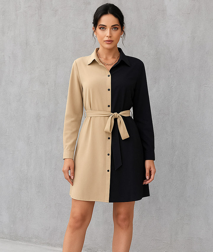 Vestido Camisero de Color Combinado y Cinta de Amarre en Cintura - LIZAPONS