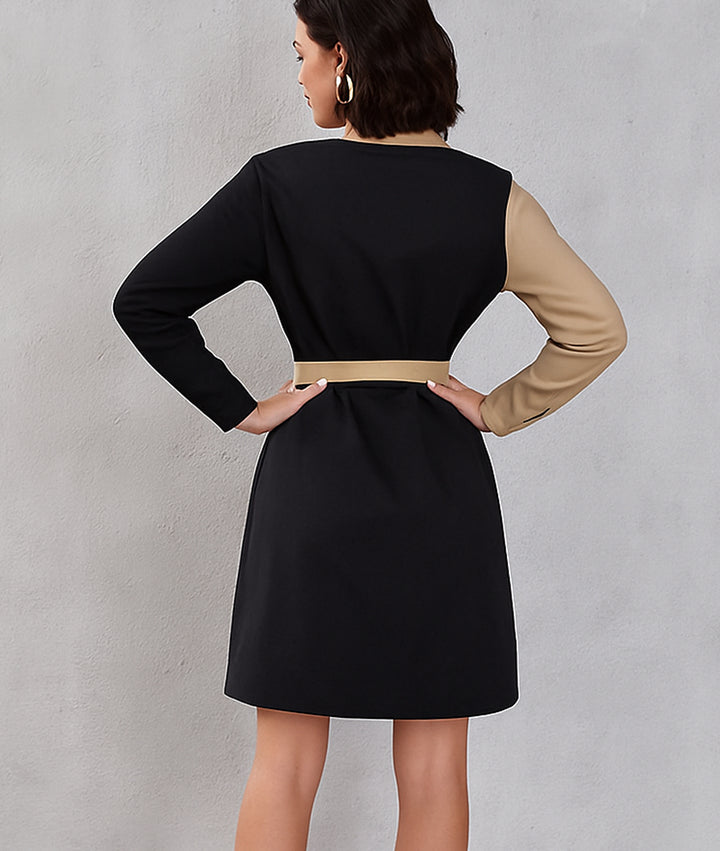 Vestido Camisero de Color Combinado y Cinta de Amarre en Cintura - LIZAPONS