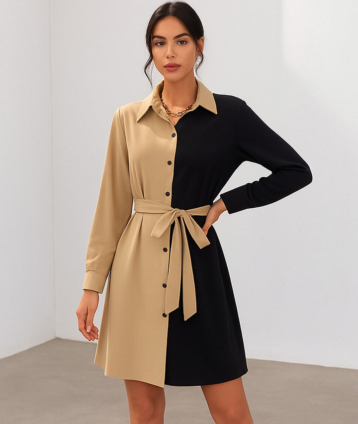 Vestido Camisero de Color Combinado y Cinta de Amarre en Cintura - LIZAPONS