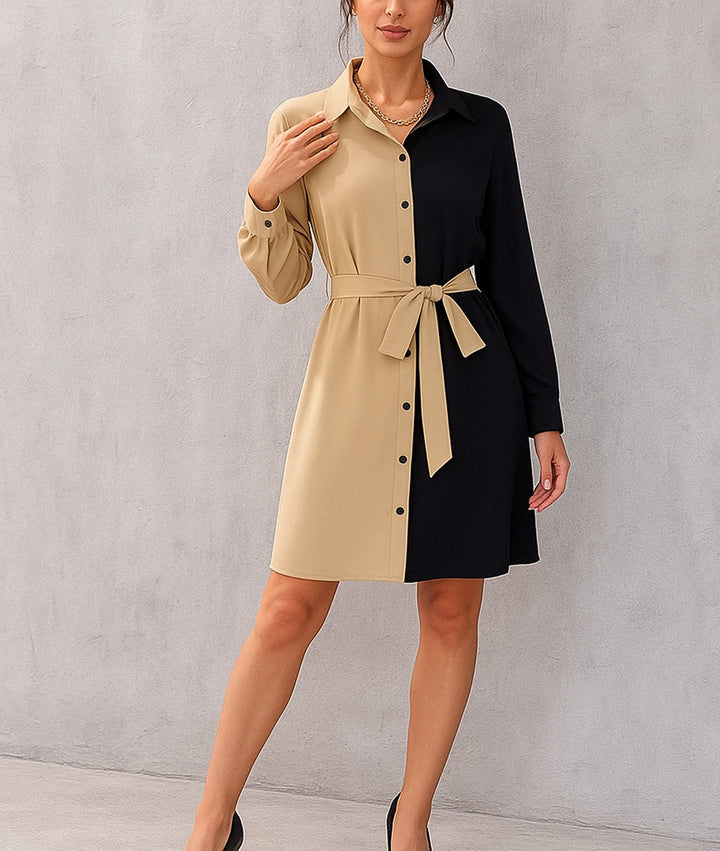 Vestido Camisero de Color Combinado y Cinta de Amarre en Cintura - LIZAPONS