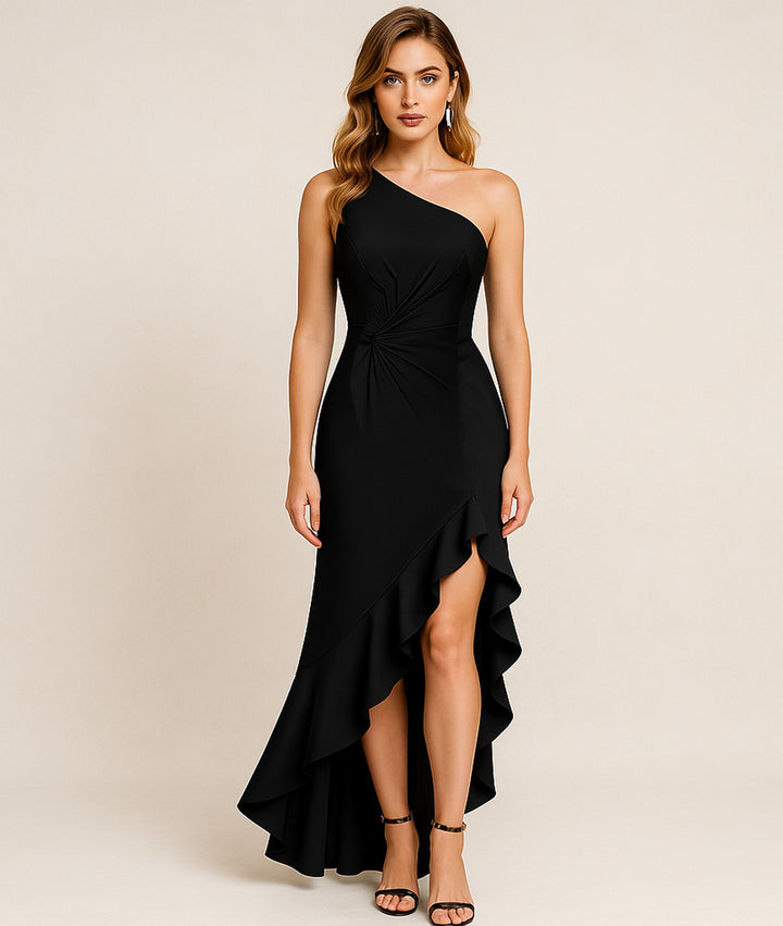 Vestido Elegante a Un Hombro con Hendidura y Volantes en Pierna - LIZAPONS