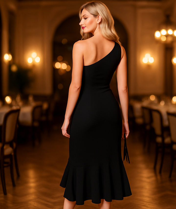 Vestido Elegante a Un Hombro con Hendidura y Volantes en Pierna - LIZAPONS
