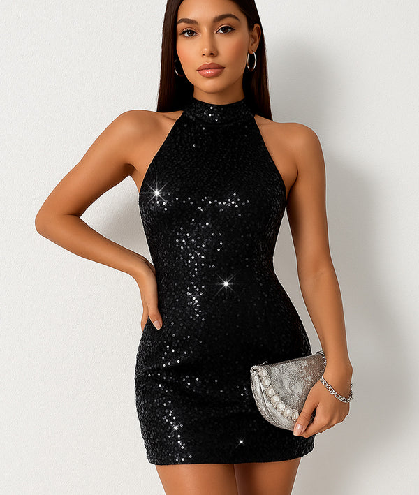 Vestido Fiesta de Lentejuela y Cuello Halter Con Lazo en Cuello Detrás - LIZAPONS