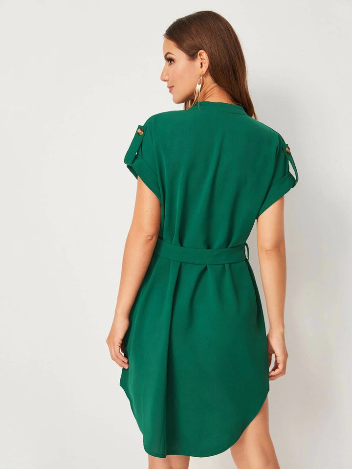 Vestido de Cuello V Asimétrico con Cinta de Amarre en Cintura - LIZAPONS