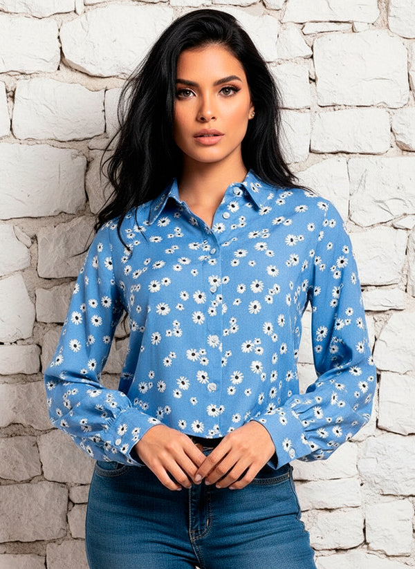 Blusa Estampada Floral de Cuello Sport y Manga Larga con Botones - LIZAPONS