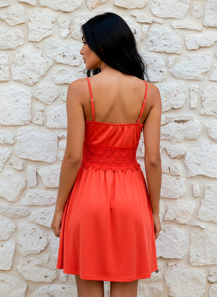 Vestido Corto De Tirantes Con Cintura De Encaje Tipo Crochet - LIZAPONS