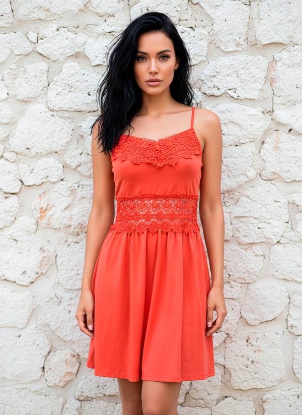 Vestido Corto De Tirantes Con Cintura De Encaje Tipo Crochet - LIZAPONS