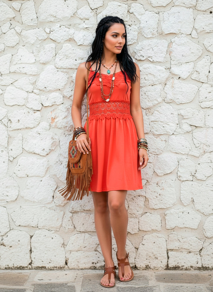 Vestido Corto De Tirantes Con Cintura De Encaje Tipo Crochet - LIZAPONS