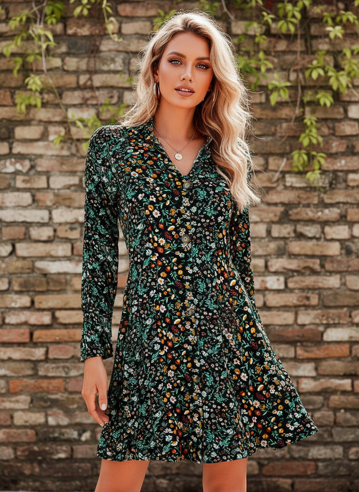 Vestido Camisero Estampado Floral Midnight de Manga Larga y Botones - LIZAPONS