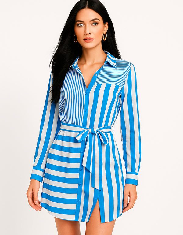 Vestido Camisero Fresco de Manga Larga Estampado Rayas con Botones Y Cinturón