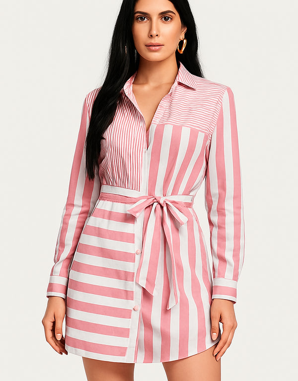 Vestido Camisero Fresco de Manga Larga Estampado Rayas con Botones Y Cinturón