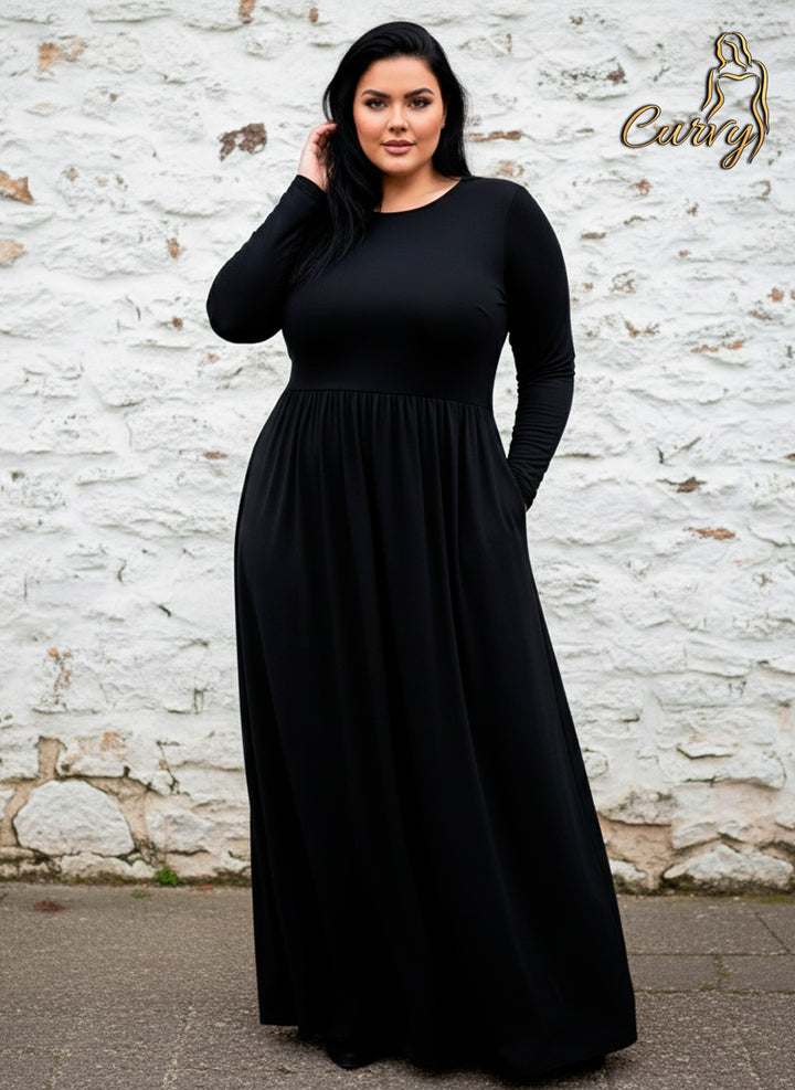 Vestido Largo Maxi Curvy de Manga Larga con Bolsillos Elegante y Versátil - LIZAPONS