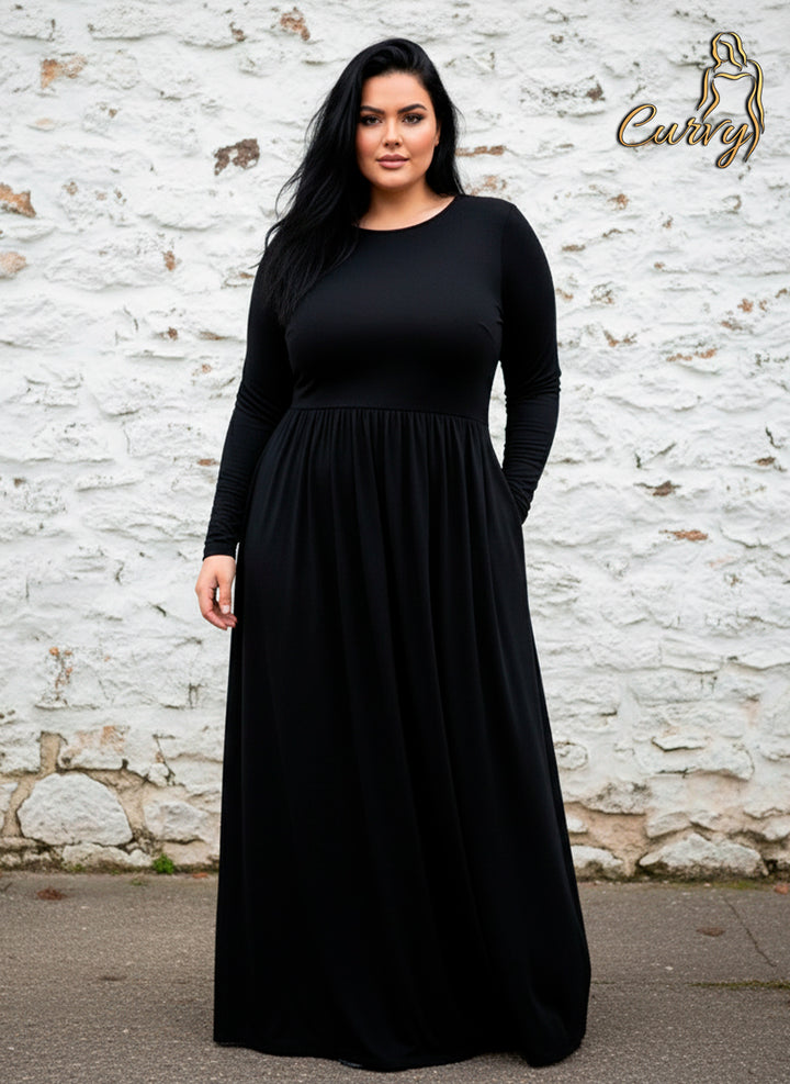 Vestido Largo Maxi Curvy de Manga Larga con Bolsillos Elegante y Versátil - LIZAPONS