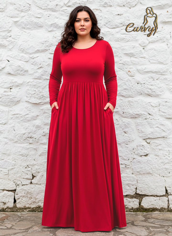 Vestido Largo Maxi Curvy de Manga Larga con Bolsillos Elegante y Versátil - LIZAPONS