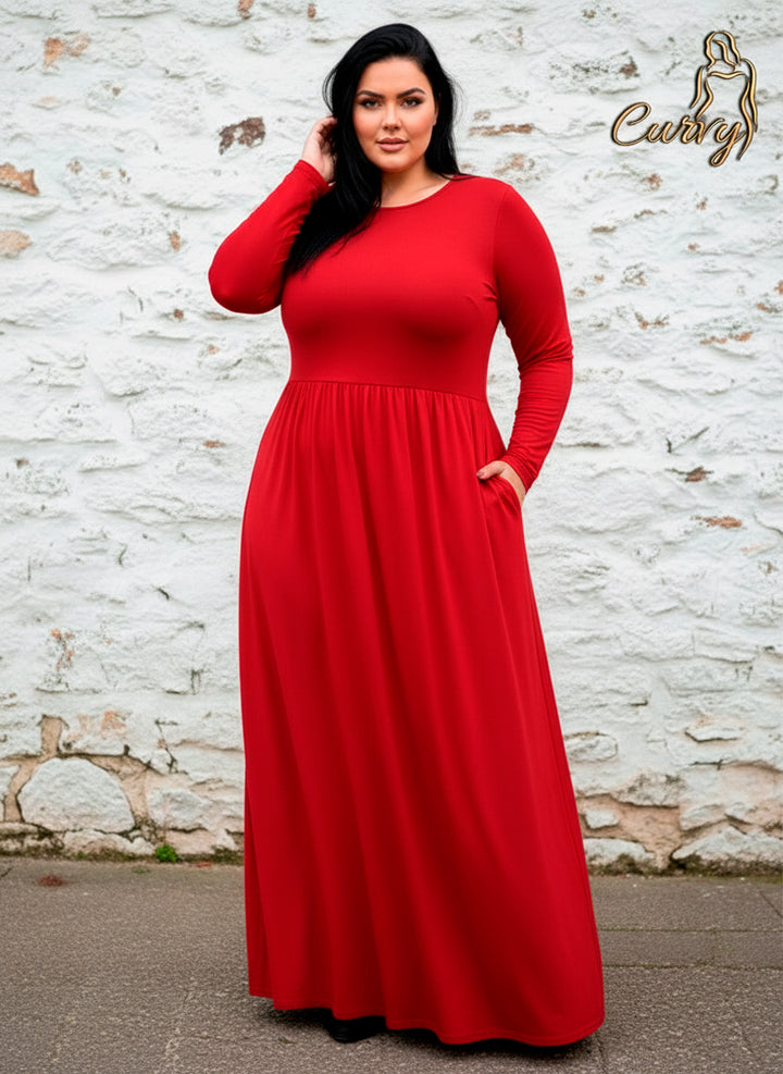 Vestido Largo Maxi Curvy de Manga Larga con Bolsillos Elegante y Versátil - LIZAPONS