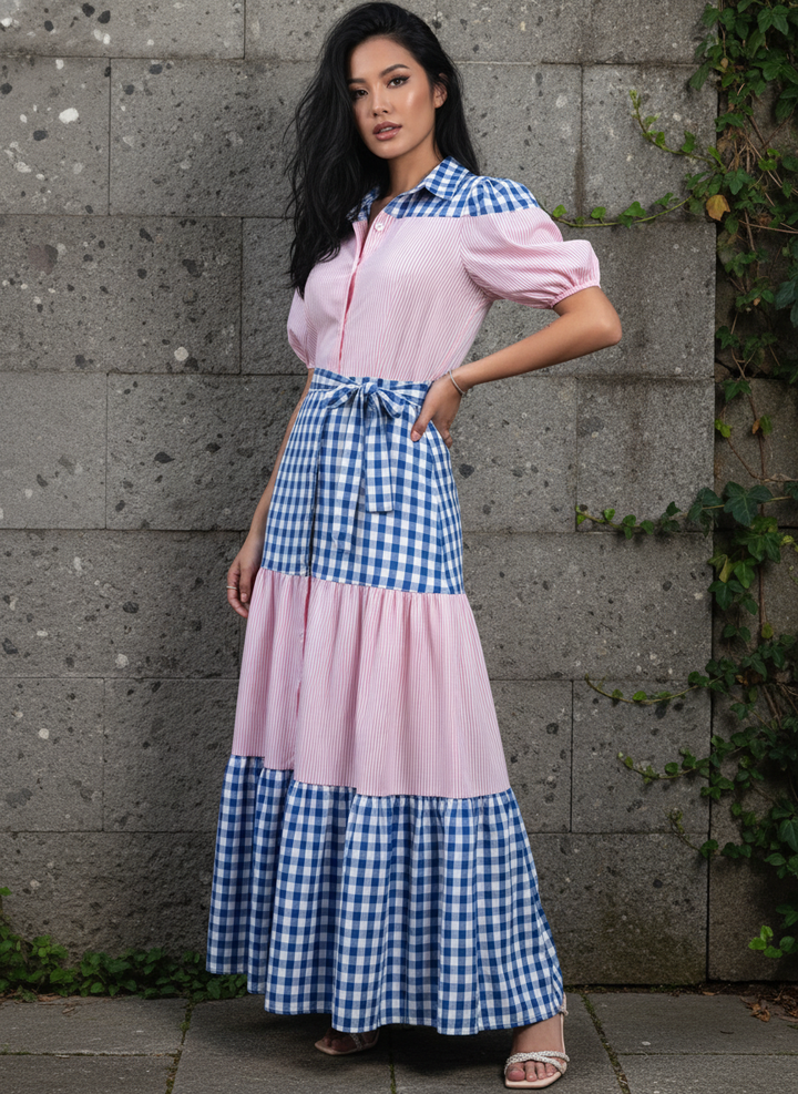 Vestido Casual Cuello Sport y Manga Corta de Tela Cuadro y Cinturón - LIZAPONS