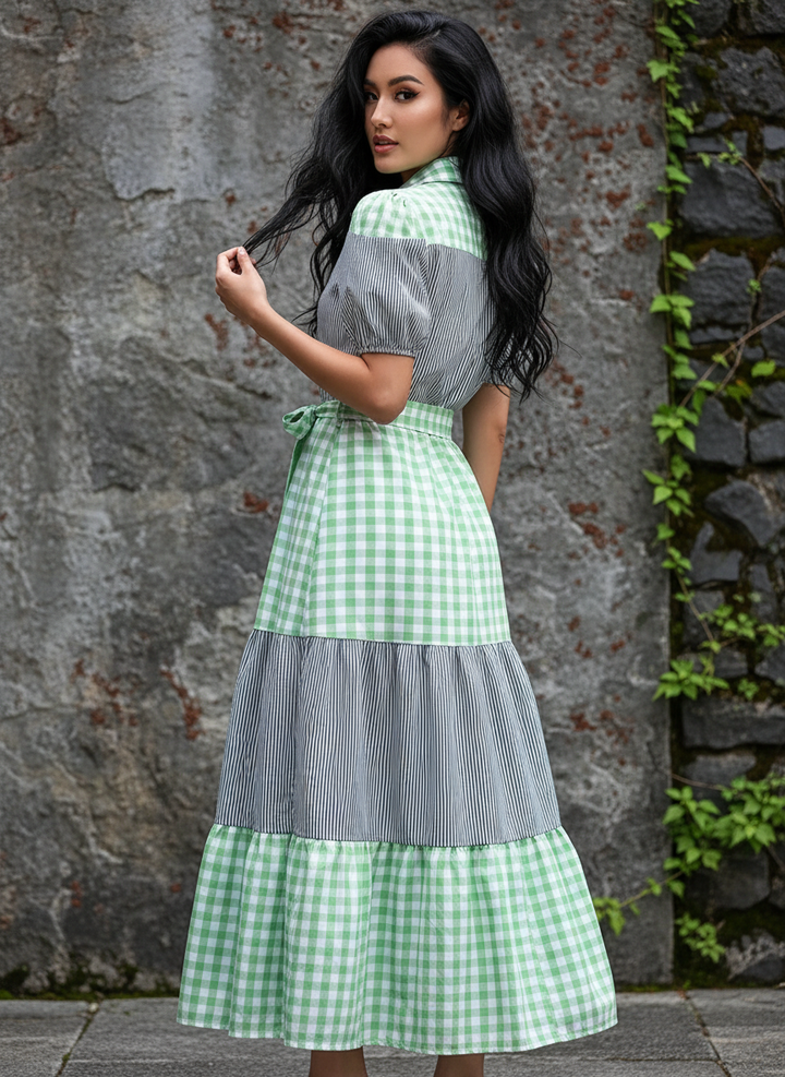 Vestido Casual Cuello Sport y Manga Corta de Tela Cuadro y Cinturón - LIZAPONS